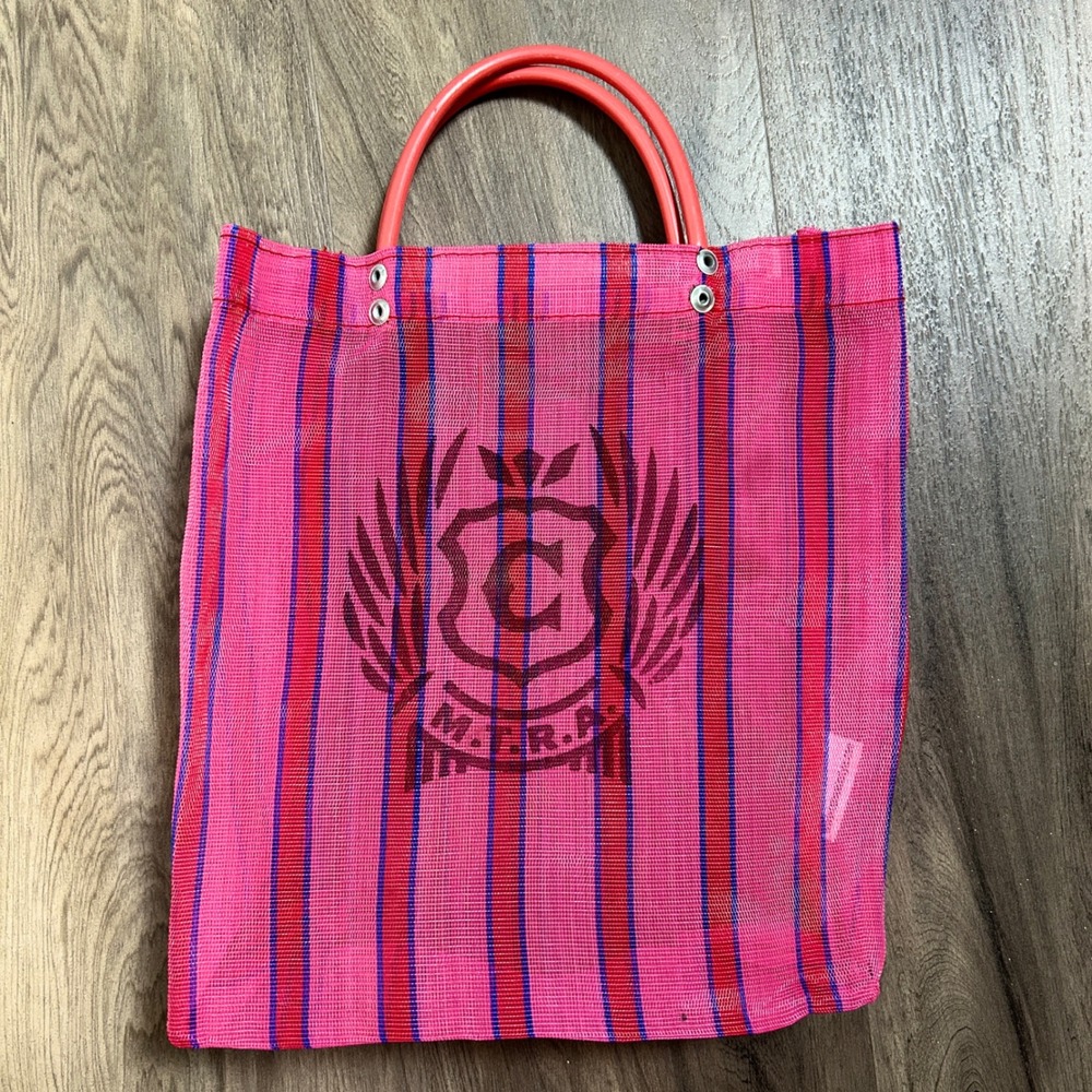Consuela Pink Red Blue Striped Mesh M.F.R.A. Crest Market Tote Bag Womens OS